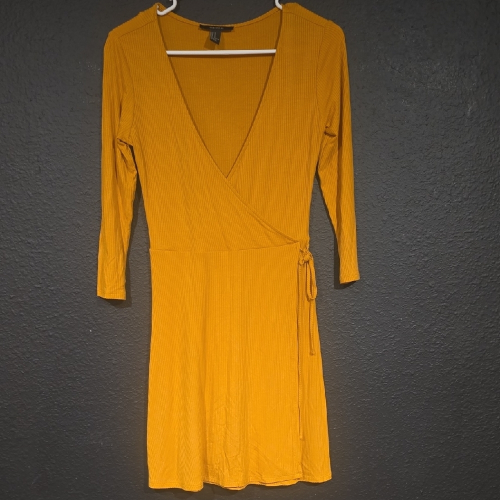 Forever 21 Yellow Wrap Tie Front Sheath Dress 3/4 Sleeve V-Neck